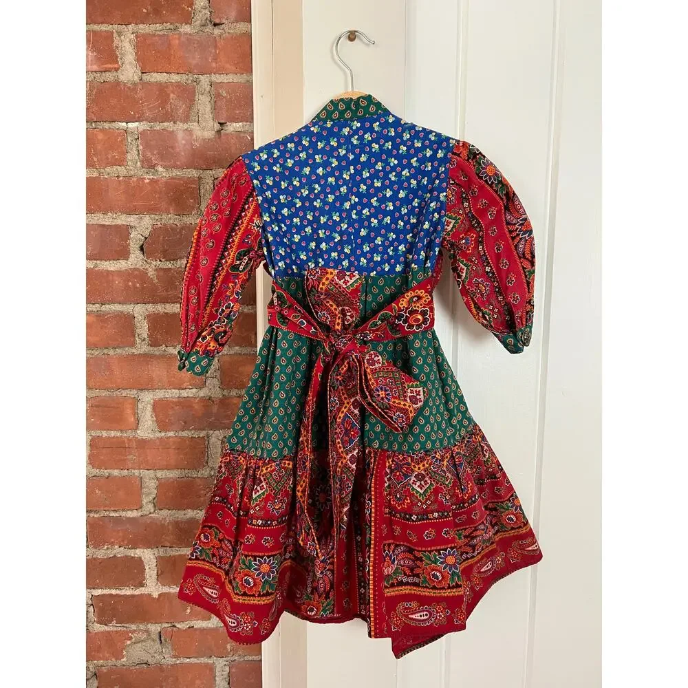 Vintage 70s Girls Prairie Dress Patchwork Floral‎ Cottagecore Folk Red Green 3T